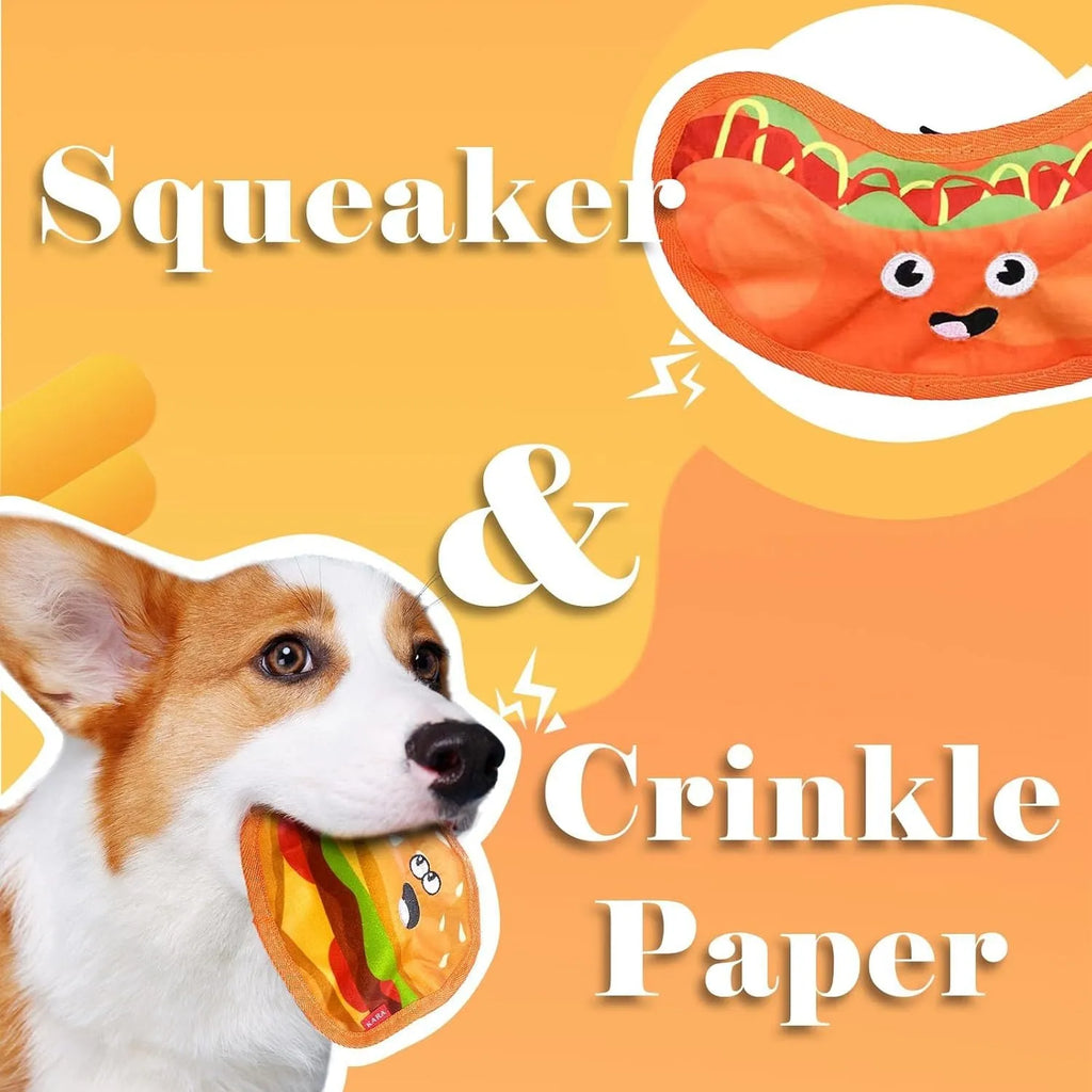 Crinkle and squeak dog toy in hamburger shape for interactive chew play