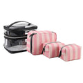 Pink bold stripes floral pattern folding makeup bag with waterproof synthetic leather material