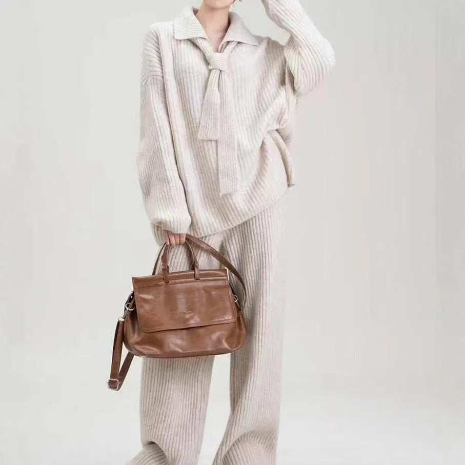 Sweater suit two-piece set in acrylic imitation cashmere fabric with long sleeves and trouser bottoms