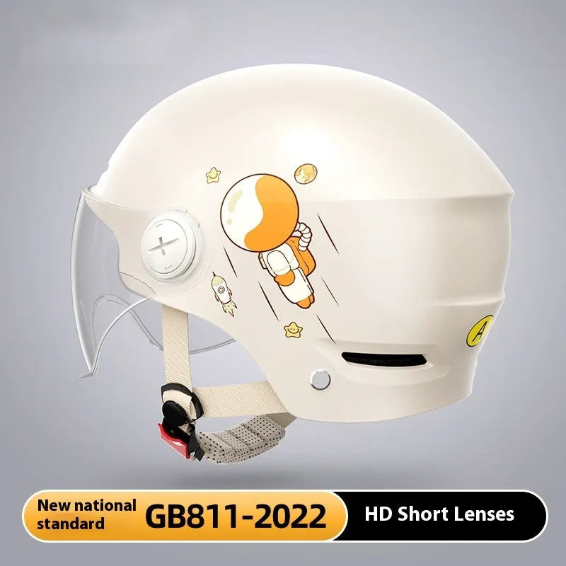 Khaki electric motorcycle half helmet with ABS construction showing sun protection glasses option