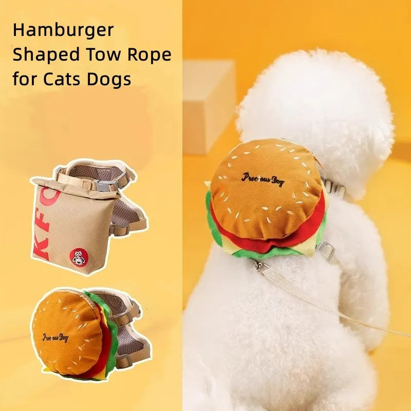 Cartoon hamburger and chips design adjustable escape-proof vest harness and leash set for dogs and cats.