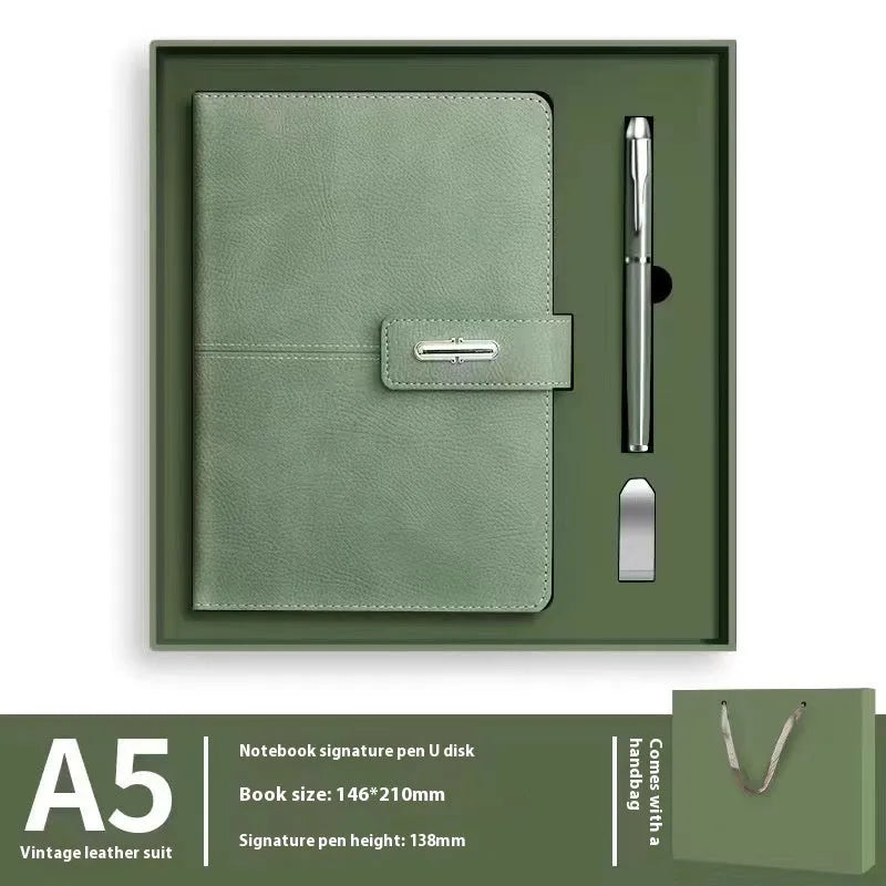Custom A5 notebook with imitation leather cover in Business Black showing wood-free paper interior pages