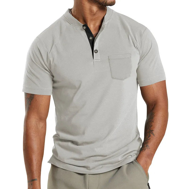 Plus size man modelling a solid colour short sleeve shirt with a chest pocket.