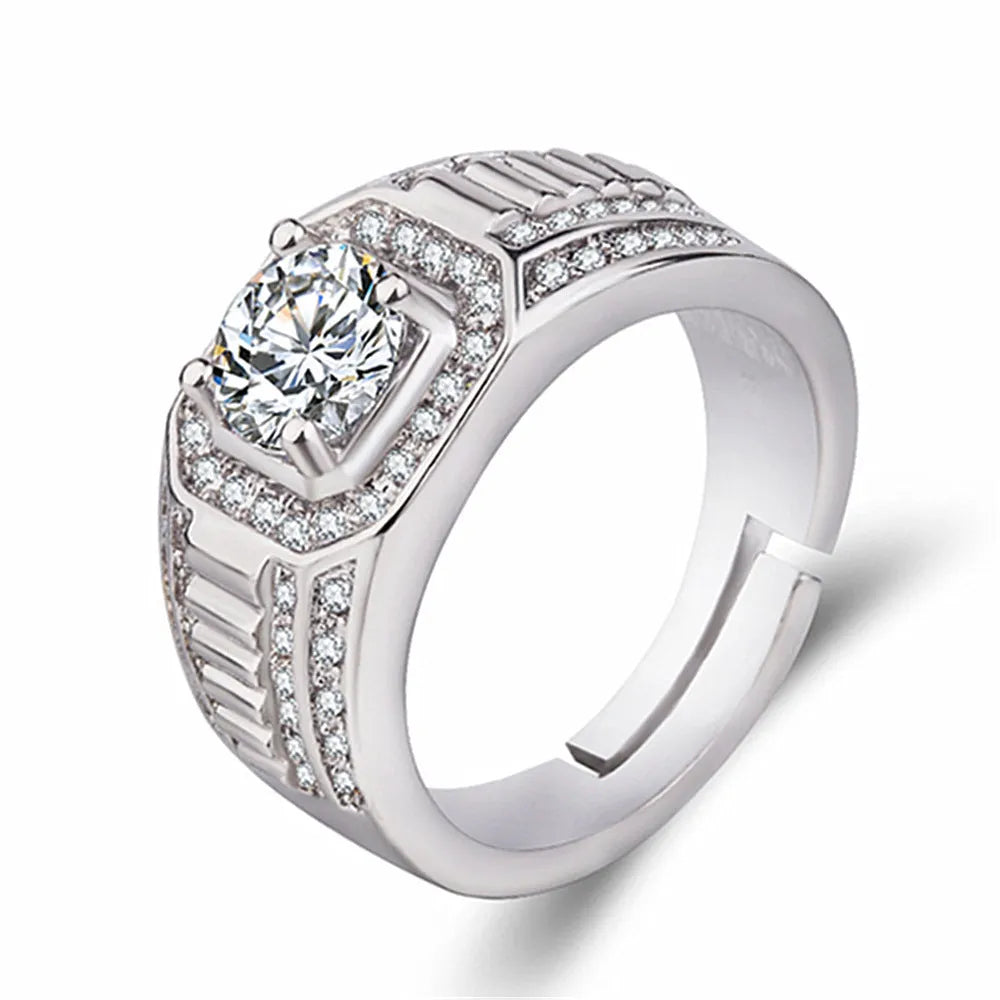 Gold-coloured men's ring with a large square diamond design and adjustable opening on a copper band.