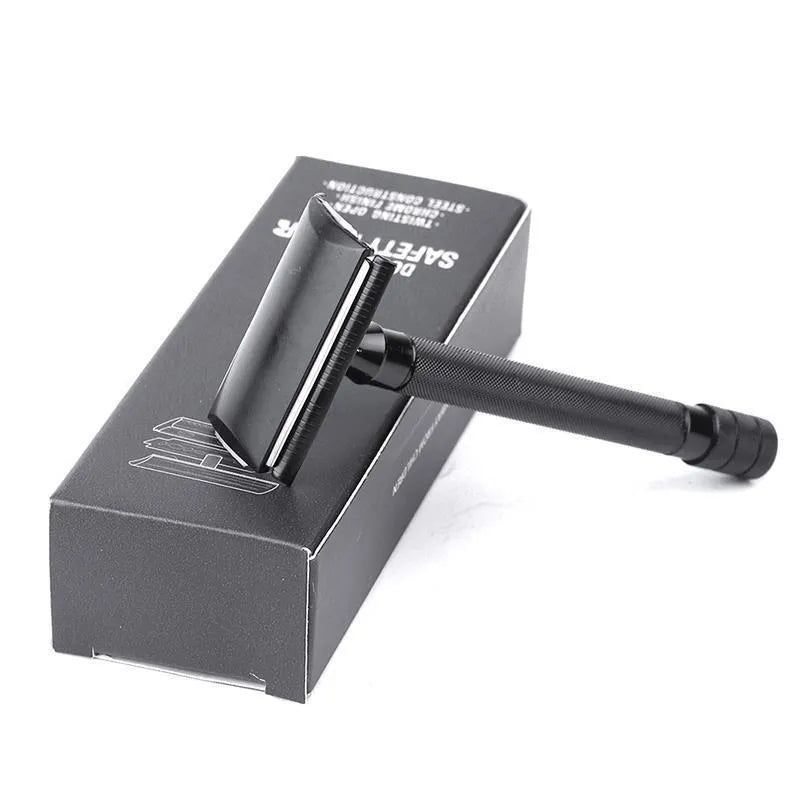 Traditional manual shaving set with safety razor, natural bristle brush and metal scraper tool