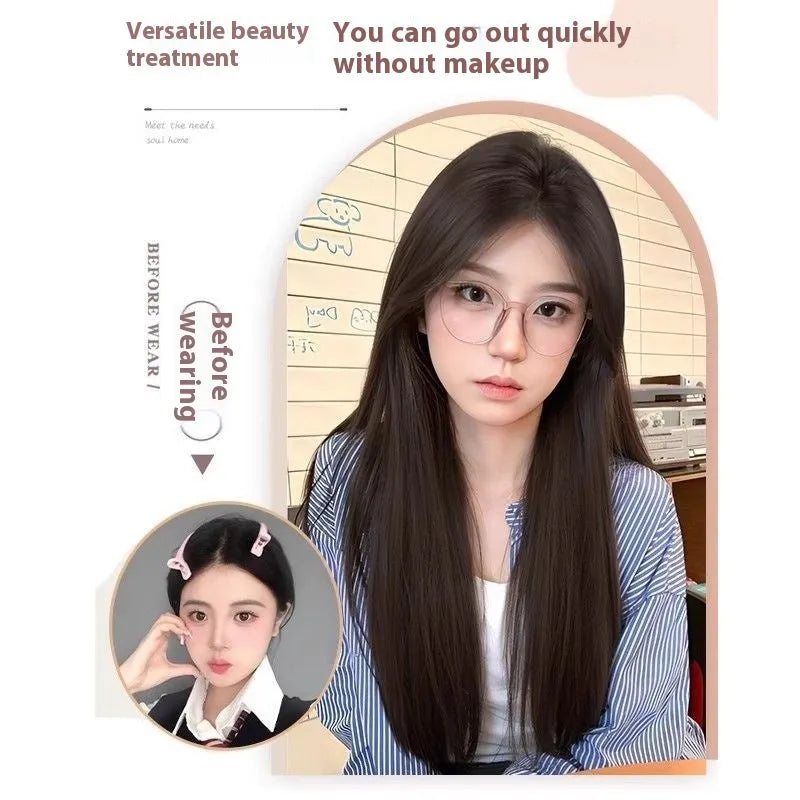 Full-head forehead lace wig with straight mid-length hair and styling accessories
