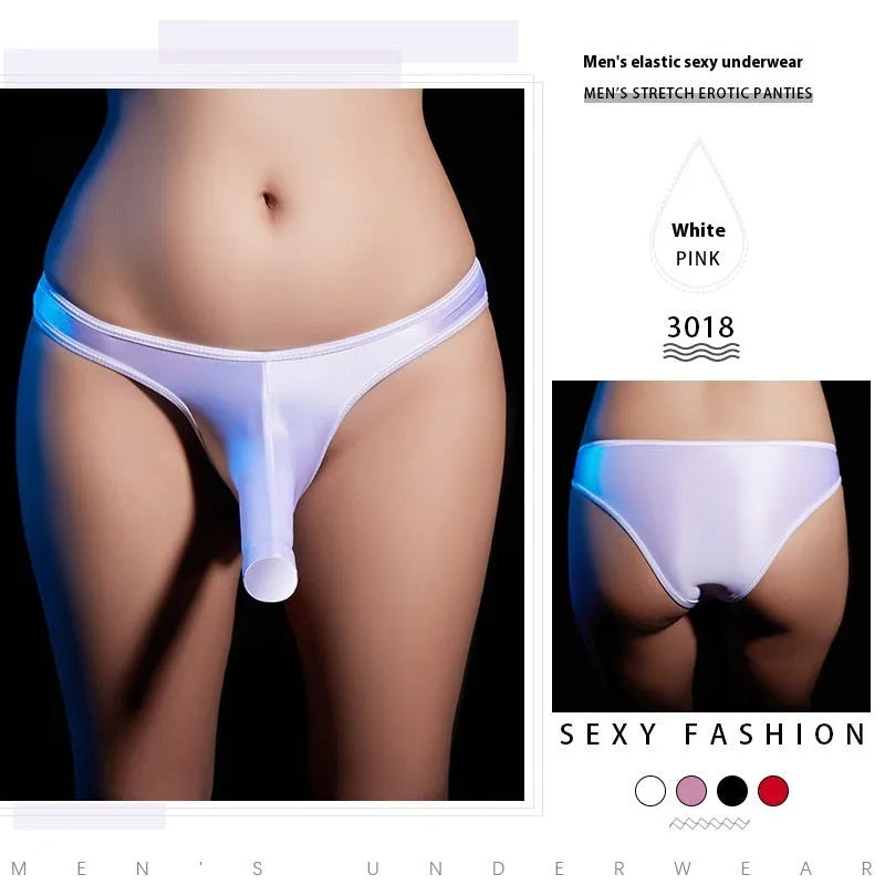 Men's shiny nylon low waist T-back underwear on white background