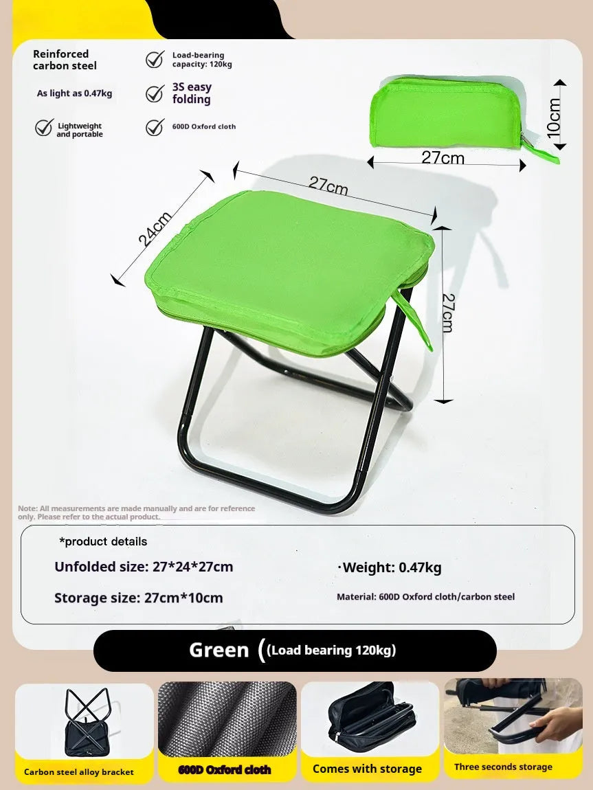 Foldable outdoor camp stool in oxford cloth shown in a khaki colour, folded compactly.