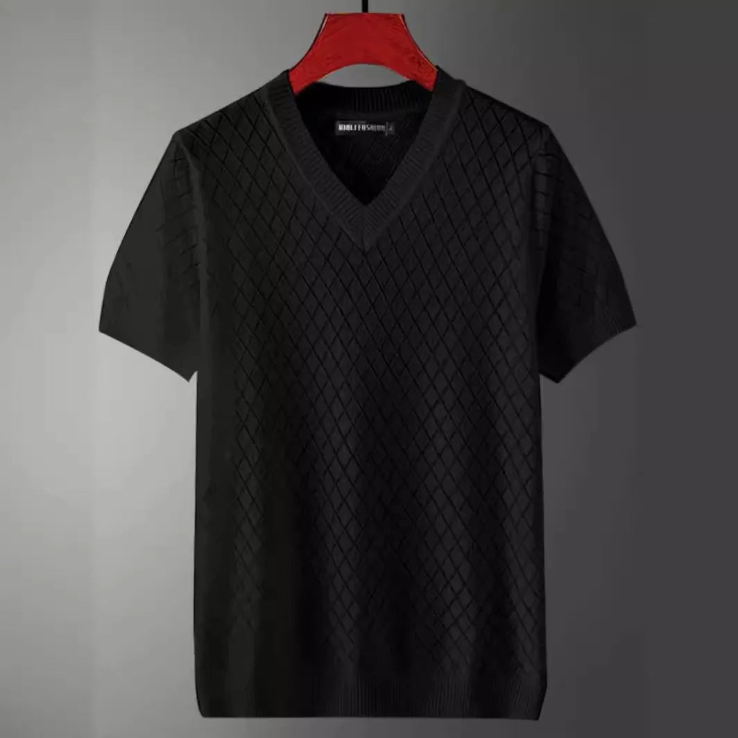 Men's Korean style ice silk t-shirt in black or white with V-neck or round neck options