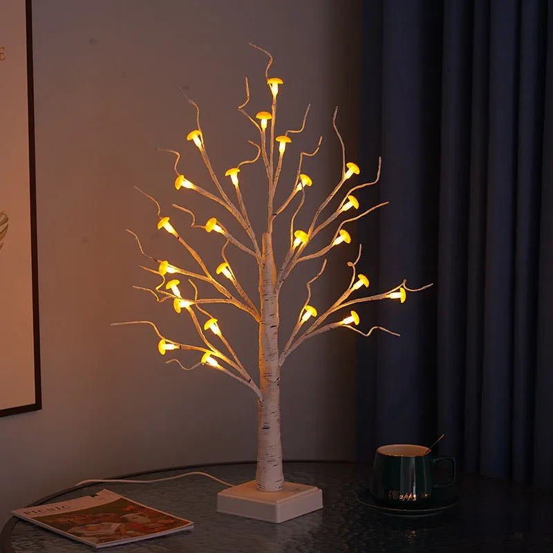 60cm tall mushroom tree lamp with warm LED lights and 24 detachable plastic flowers on birch-style trunk