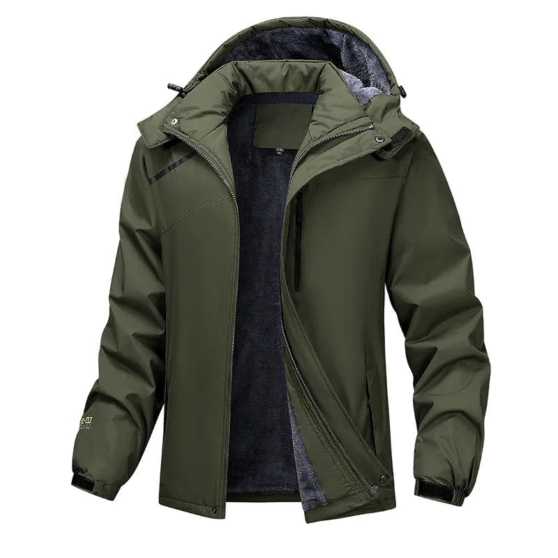Men's plus size loose-fit hooded winter coat in army green, shown on a model.