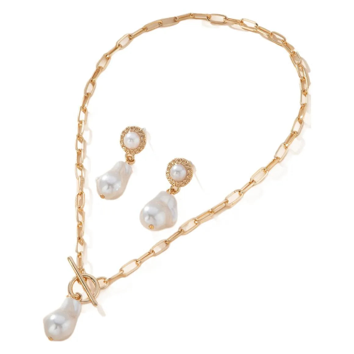 Gold-coloured baroque pearl necklace and earrings two-piece jewellery set