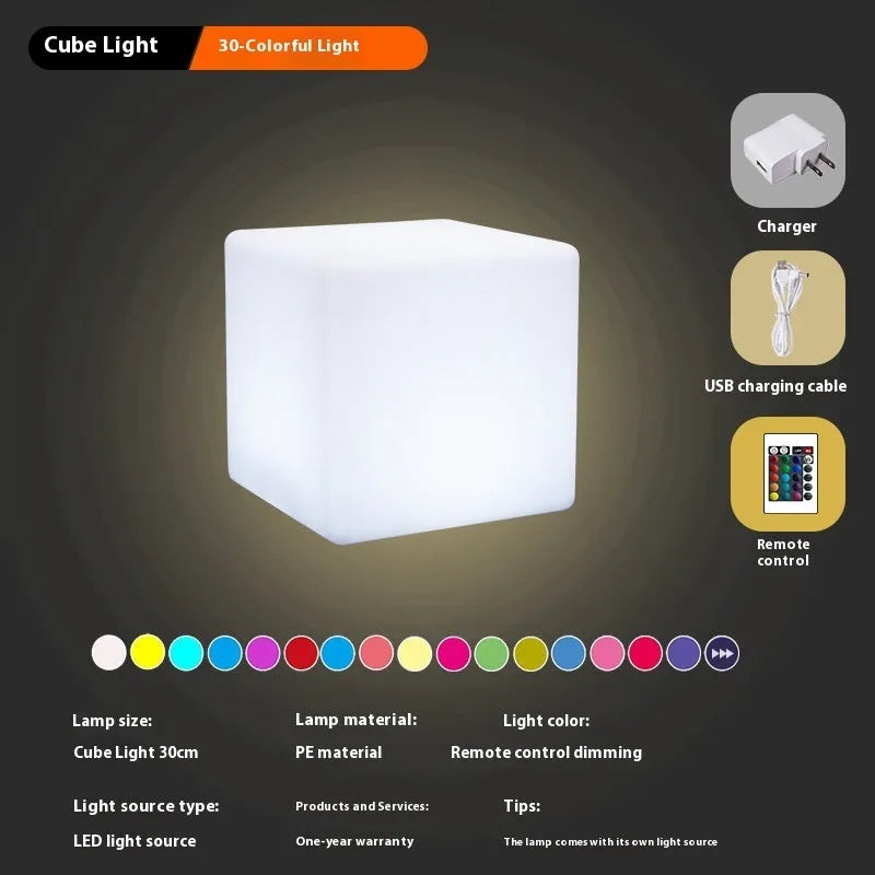 White LED cube stool light with modern design showing waterproof construction and clean geometric lines