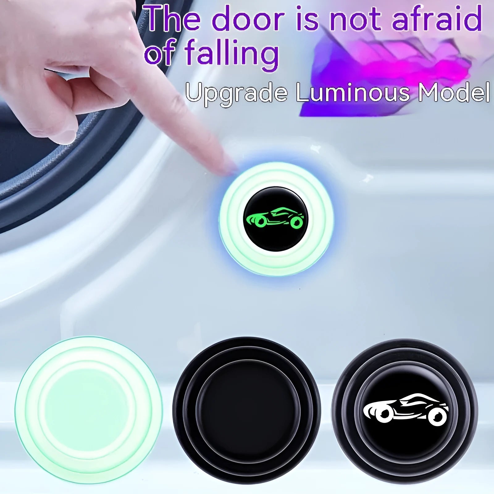 Silicone car door shock pads in black and luminous styles showing 20mm size and adhesive backing