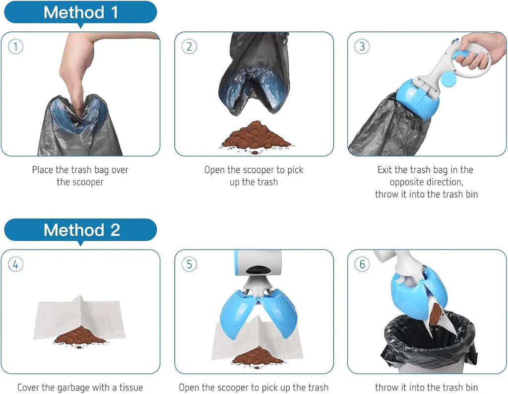 Heavy-duty ABS plastic pet pooper scooper with integrated trash bag holder in black, blue, red, or yellow.