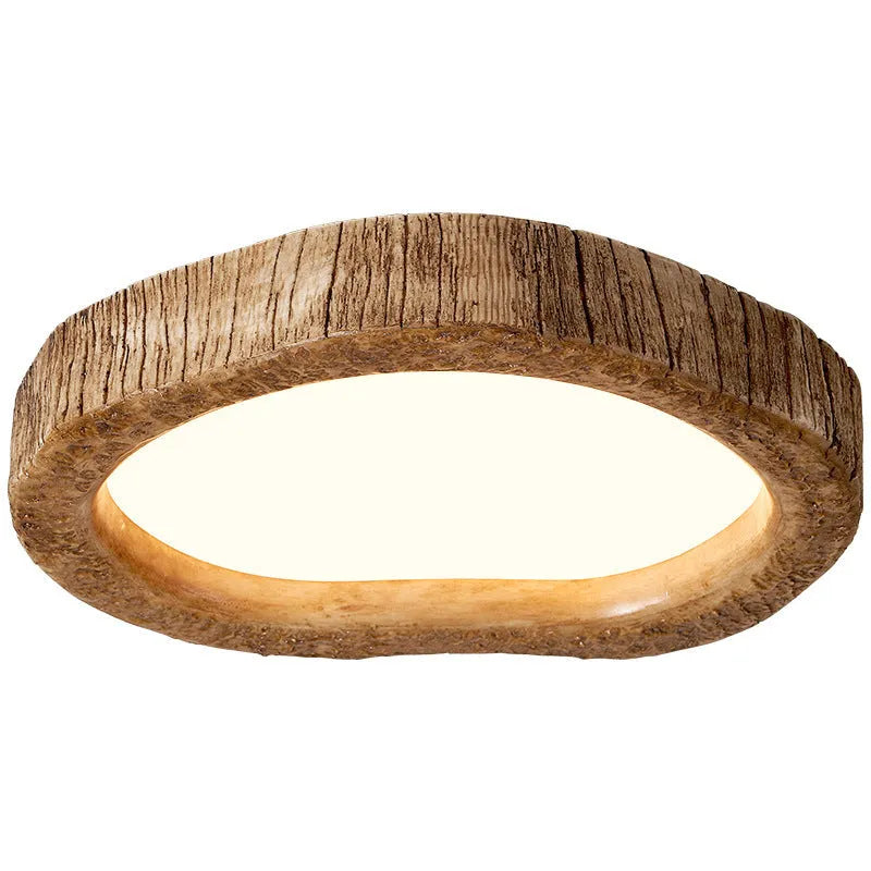 Round wood grain finish ceiling lamp in new Chinese style, flush mounted on a white ceiling.