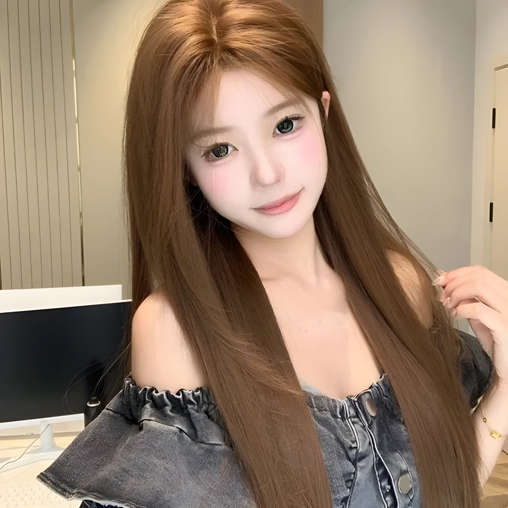 Warm brown lace front wig with centre-parted bangs and long straight hairstyle