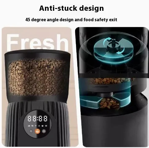 Black and white intelligent pet feeder with USB cable for automatic timing and quantitative remote feeding