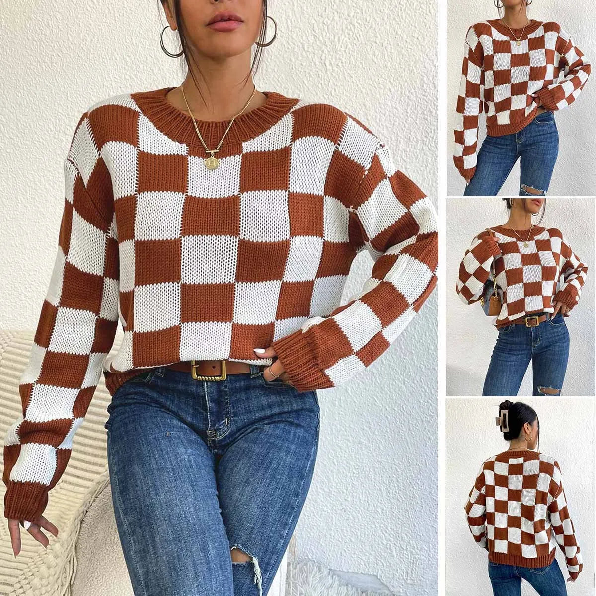 Dark brown acrylic pullover sweater with plaid chessboard pattern, loose round neck, and long sleeves