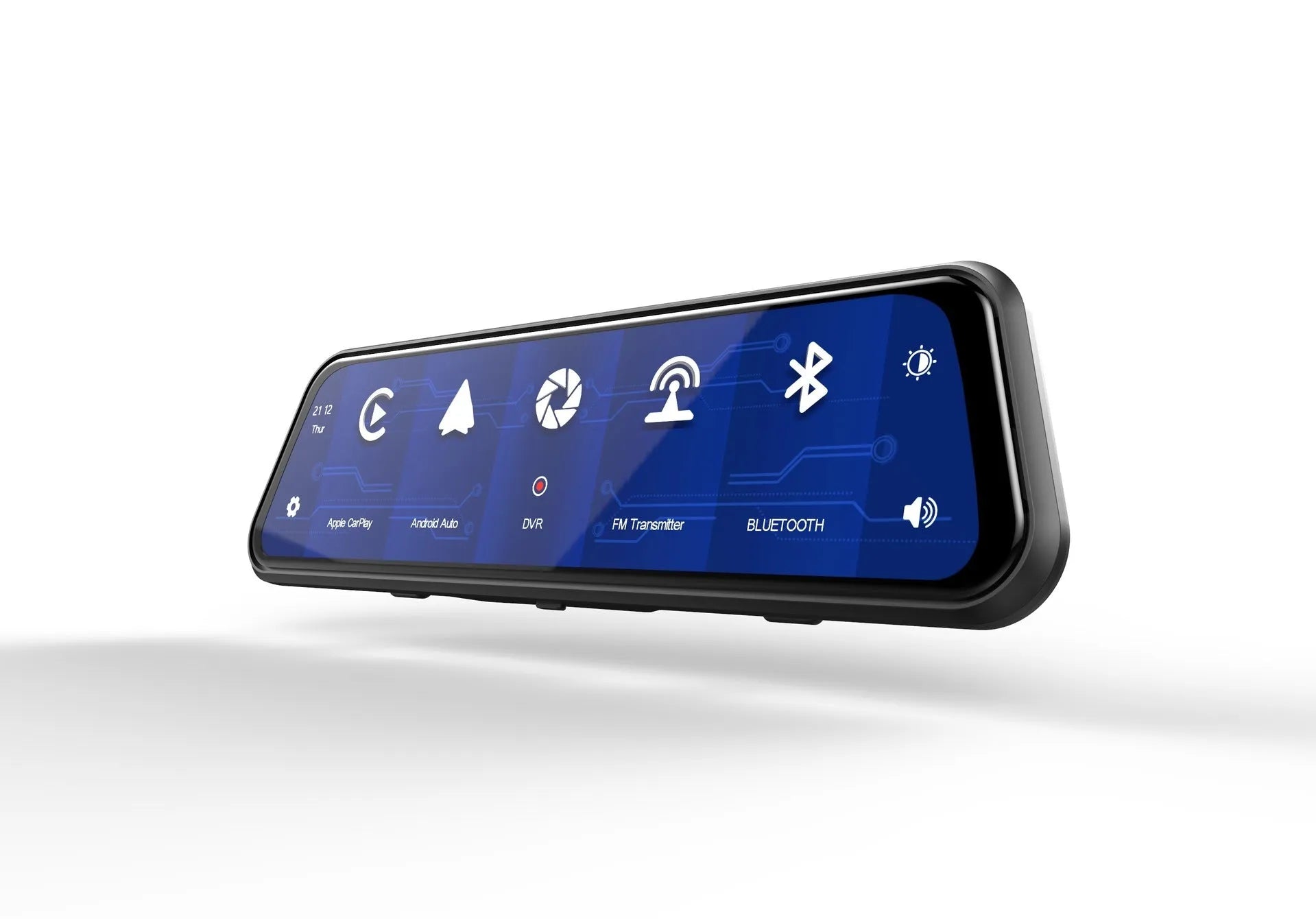 Dual-lens car dashboard camera with large touchscreen display mounted on a car windscreen