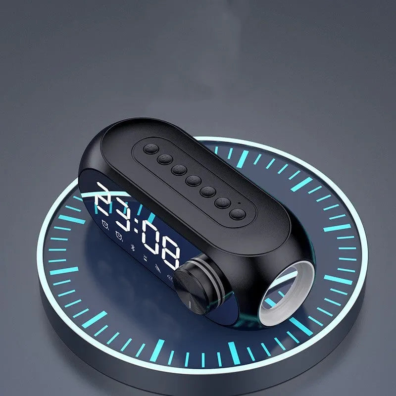 Portable mini clock Bluetooth speaker in S8 Black colour showing time display and extra bass audio features