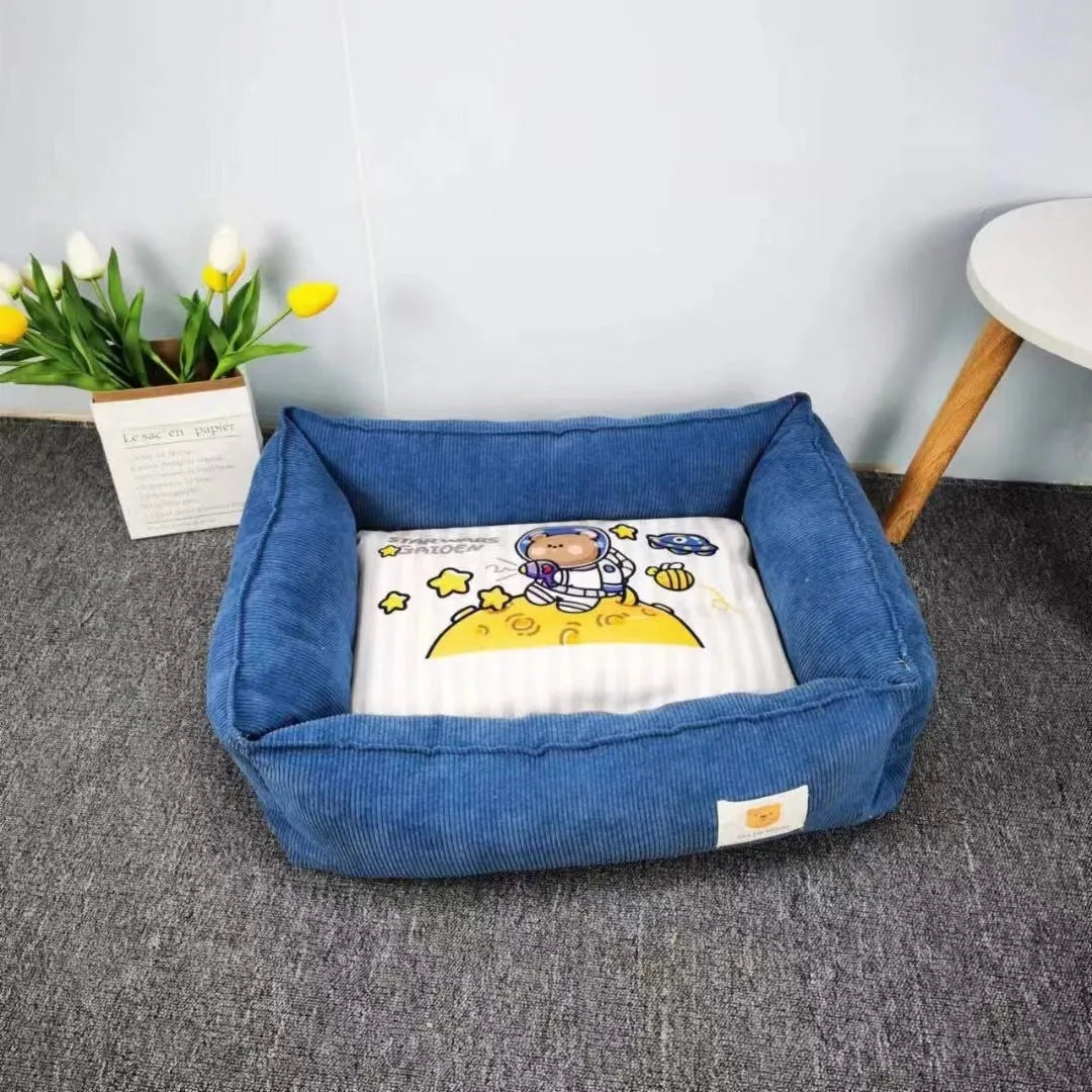 Soft fabric pet winter bed for dogs and cats in light blue colour, showing plush velvet texture.