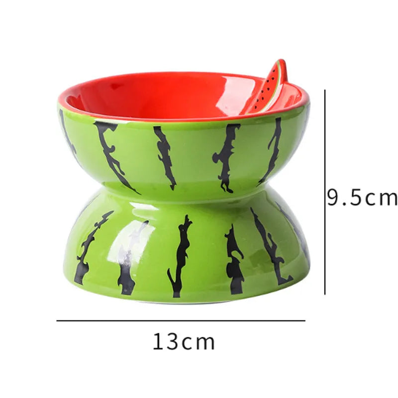 Ceramic raised cat bowl with tilted design in orange, pitaya, or watermelon patterns