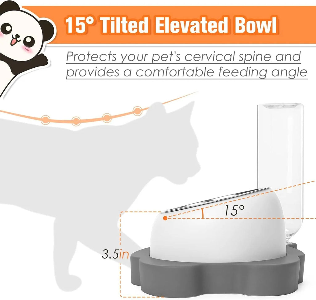 Grey panda-shaped automatic pet water dispenser and tilted food bowl set on a table.