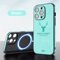 iPhone 16 series magnetic charging phone case with embossed brown moose head design on imitation leather.