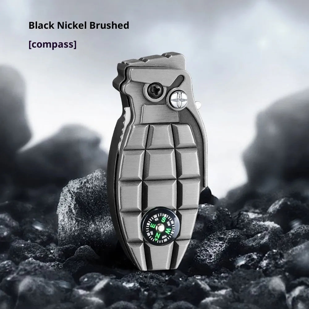 Grenade-shaped windproof metal lighter with knife, Antique Silver brushed finish