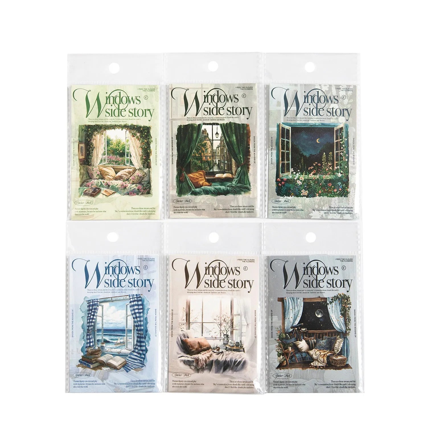Retro style Window Story Series decorative journal stickers showing six different window-themed colour designs