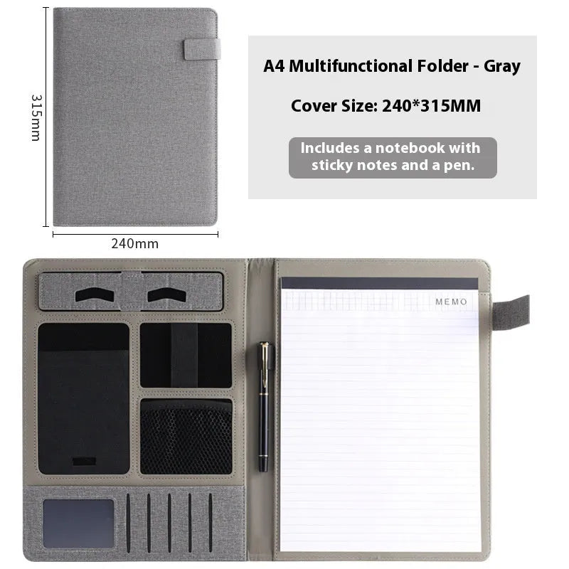 Black leather A4 business folder with pen holder and notepad accessories