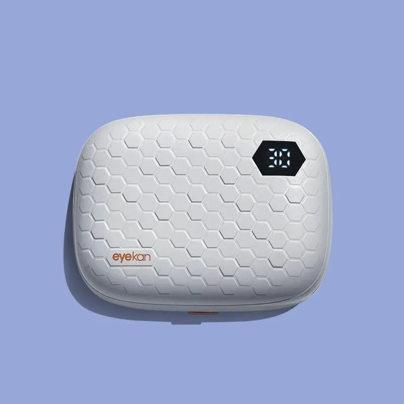 Automatic ultrasonic cleaning machine for glasses in blue, pink, or pearl white.