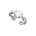 Women's adjustable silver ring with shell decoration and tiger eye stone in white gold finish