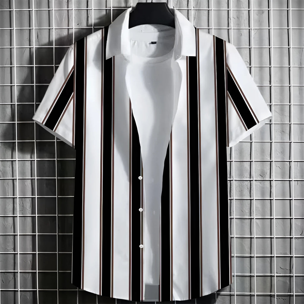 Men's striped linen short sleeve T-shirt with a 3D printed pattern in a solid colour.