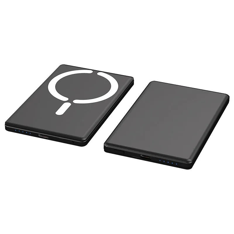 Ultra-thin magnetic power bank in black, dark grey, silver, or violet with slim 9mm profile