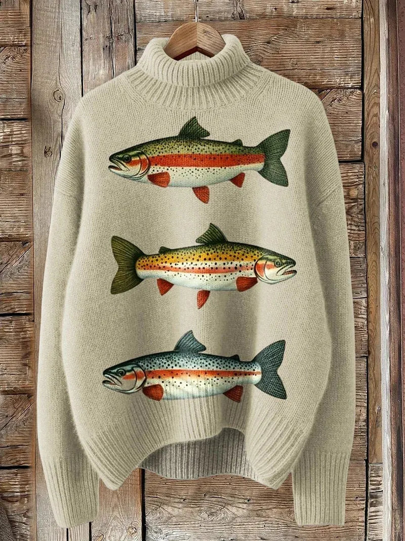 Women's loose fit Christmas printed turtleneck sweater in macaron colours with painting pattern design