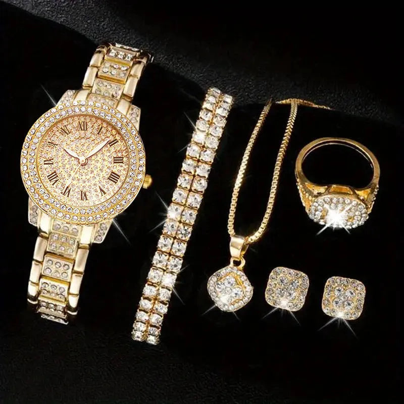 Women's Diamond Fashion Roman Quartz Watch five-piece set with alloy strap and round dial