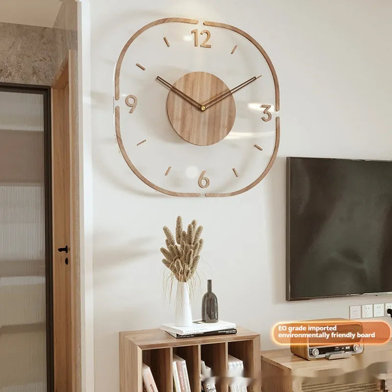 35cm square transparent wooden frame wall clock with modern design