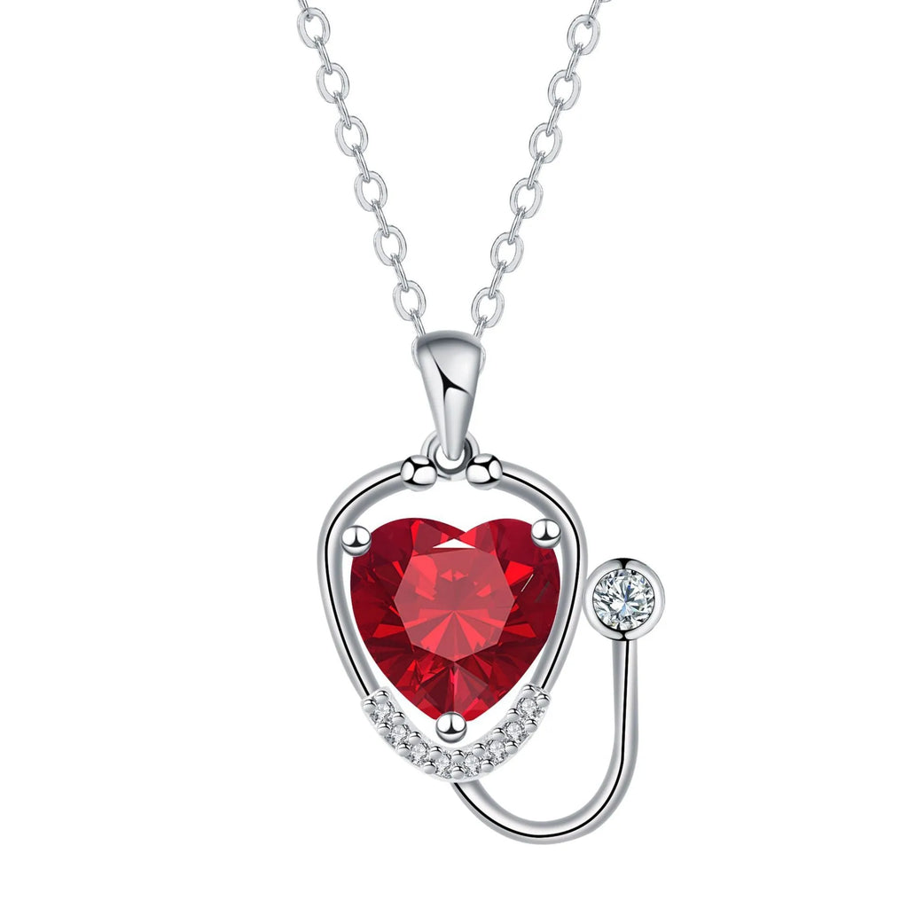 Red diamond women's stethoscope necklace with wings cross pendant on electroplated copper chain