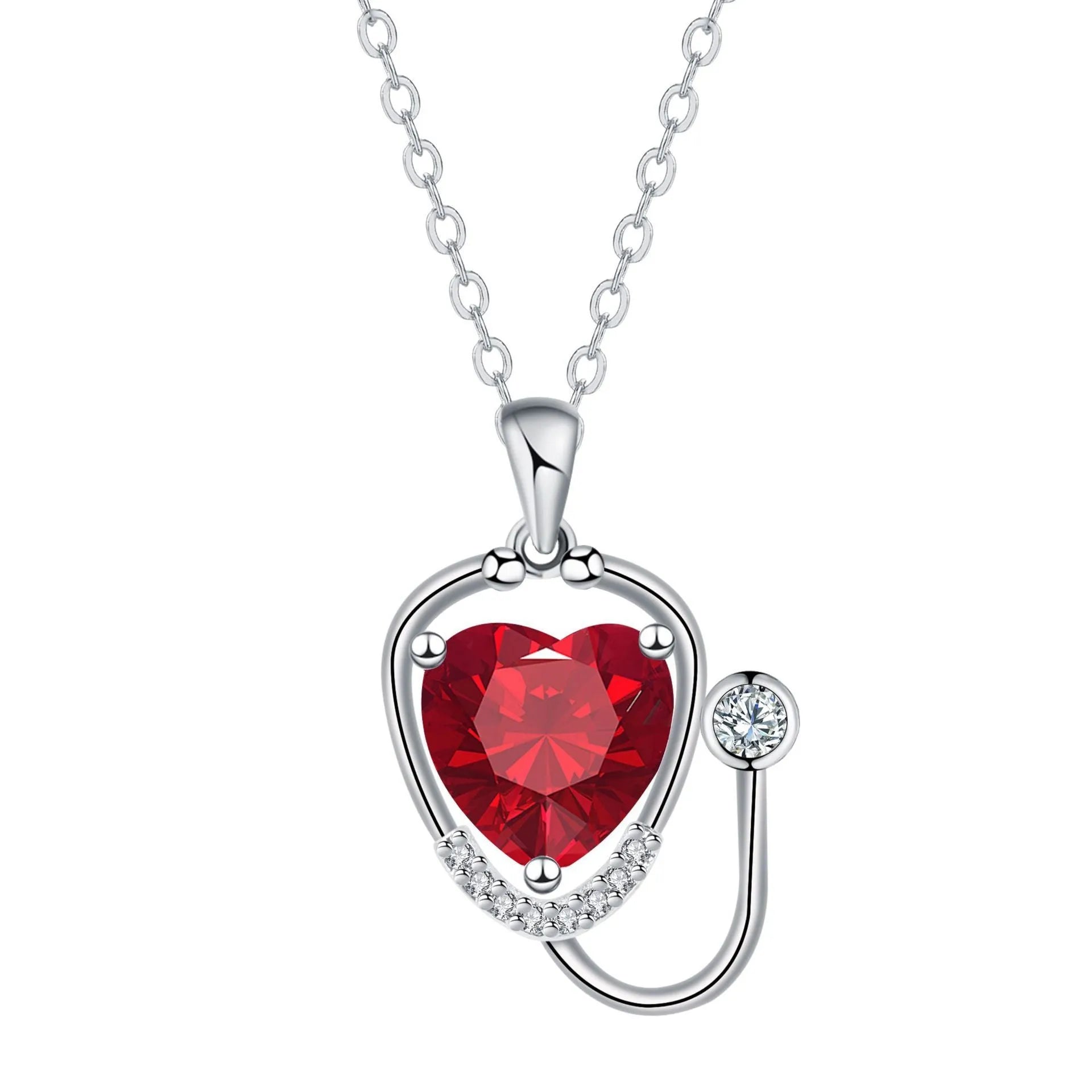 Red diamond women's stethoscope necklace with wings cross pendant on electroplated copper chain