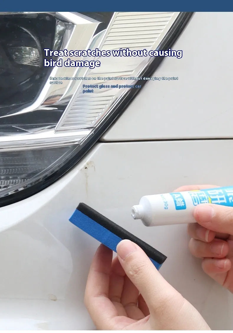 Car repair wax kit showing A wax, B wax, and a frosted sponge mop for scratch removal and polishing.