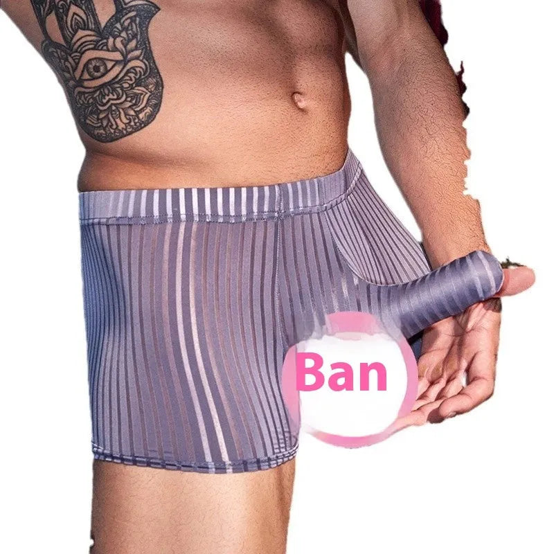 Men's black striped nylon boxer briefs on a white background