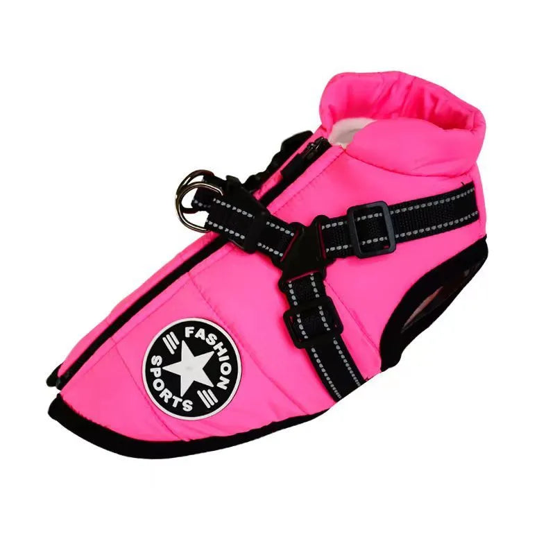 Waterproof dog coat with integrated harness in red, shown on a dog