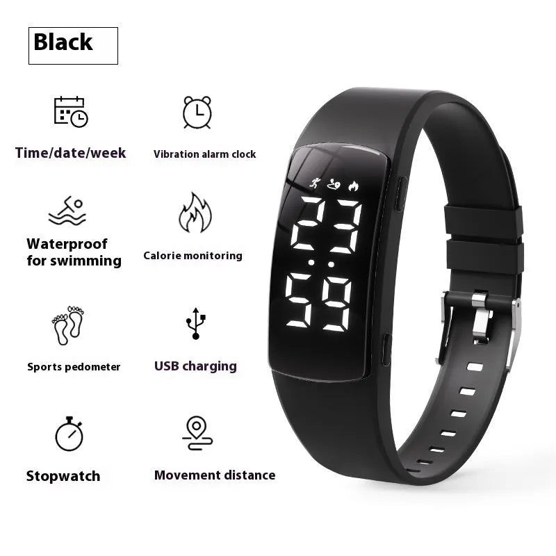 Electronic vibration alarm watch with LED display and silicone strap showing waterproof rating of 50 metres