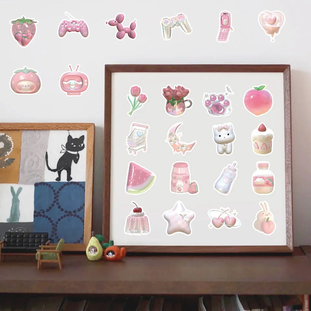 Pink girl heart decorative stickers with realistic 3D appearance in cute style, 63 pieces per pack