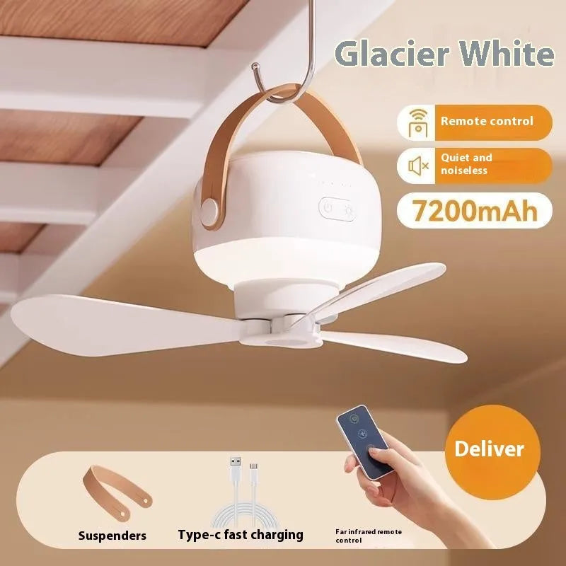 Small white rechargeable ceiling fan with blades and LED light, shown with remote control and charging cable.