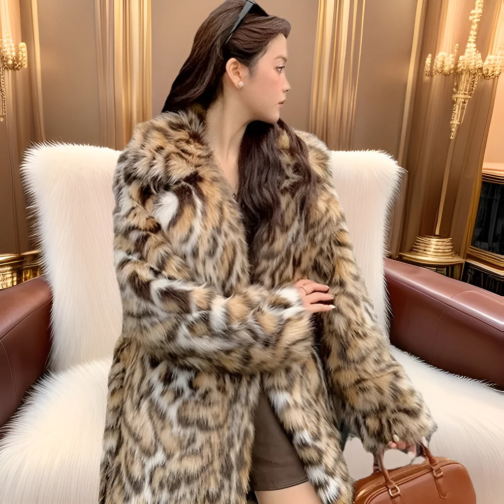 Fox pattern faux fur coat with fur collar and pockets in street fashion style