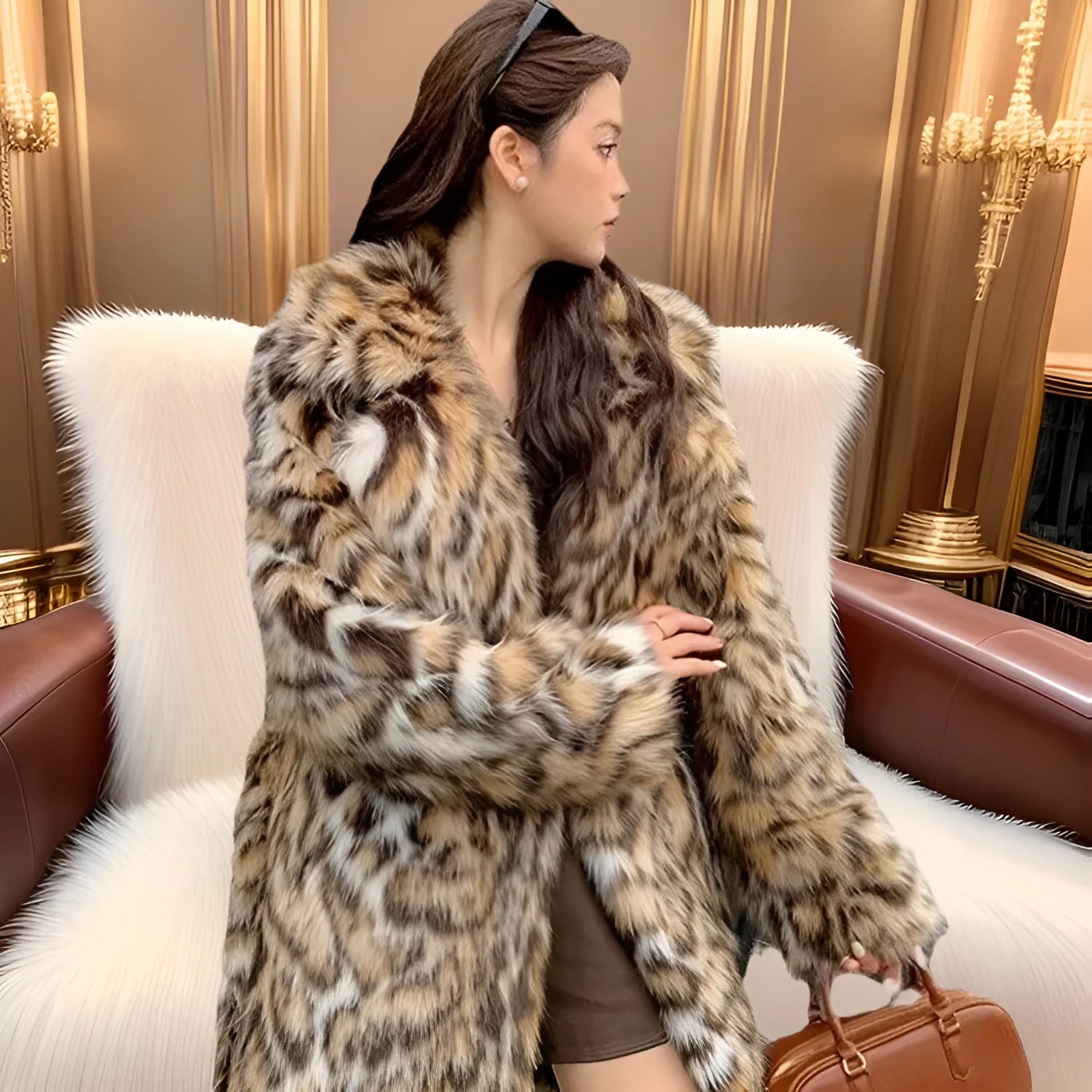 Fox pattern faux fur coat with fur collar and pockets in street fashion style