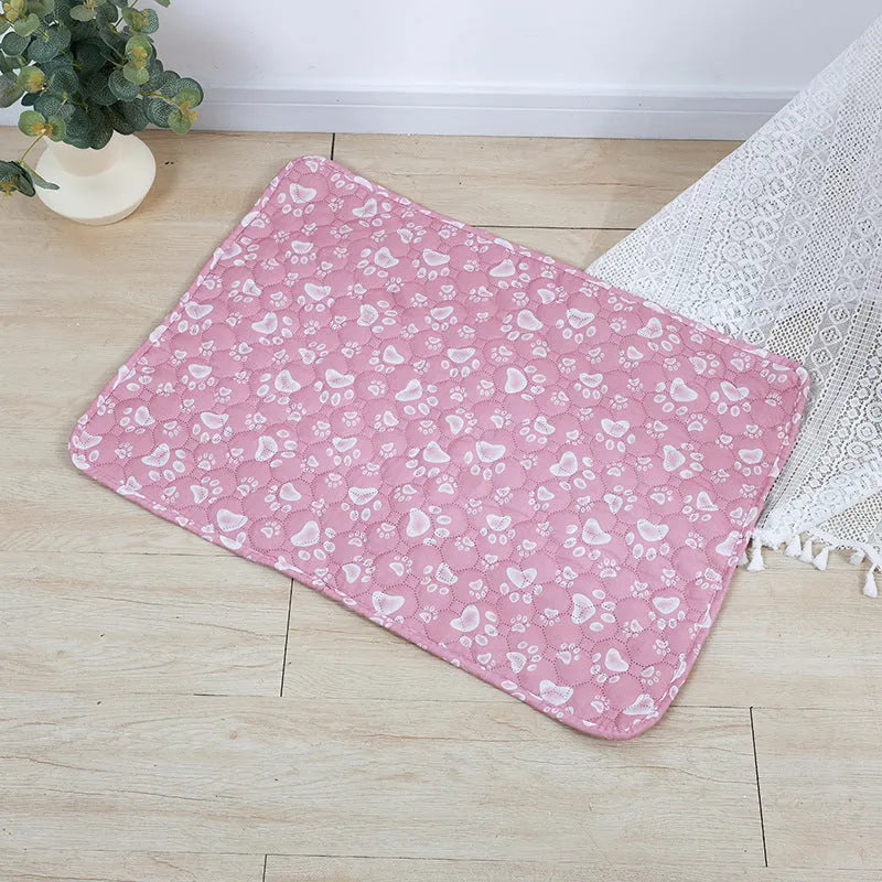 Washable waterproof pet urine pad showing animal pattern design and size options